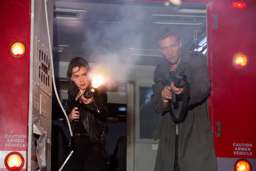 Left to right: Emilia Clarke plays Sarah Connor and Jai Courtney plays Kyle Reese in Terminator Genisys from Paramount Pictures and Skydance Productions.