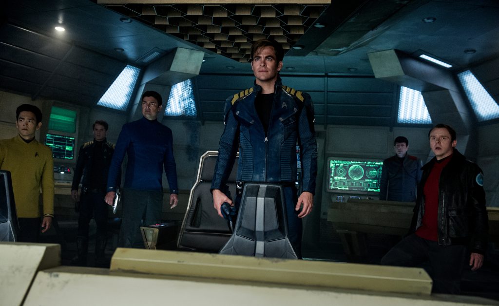 Left to right: John Cho plays Sulu, Anton Yelchin plays Chekov, Karl Urban plays Bones, Chris Pine plays Kirk, Zachary Quinto plays Spock and Simon Pegg plays Scotty in Star Trek Beyond from Paramount Pictures, Skydance, Bad Robot, Sneaky Shark and Perfect Storm Entertainment