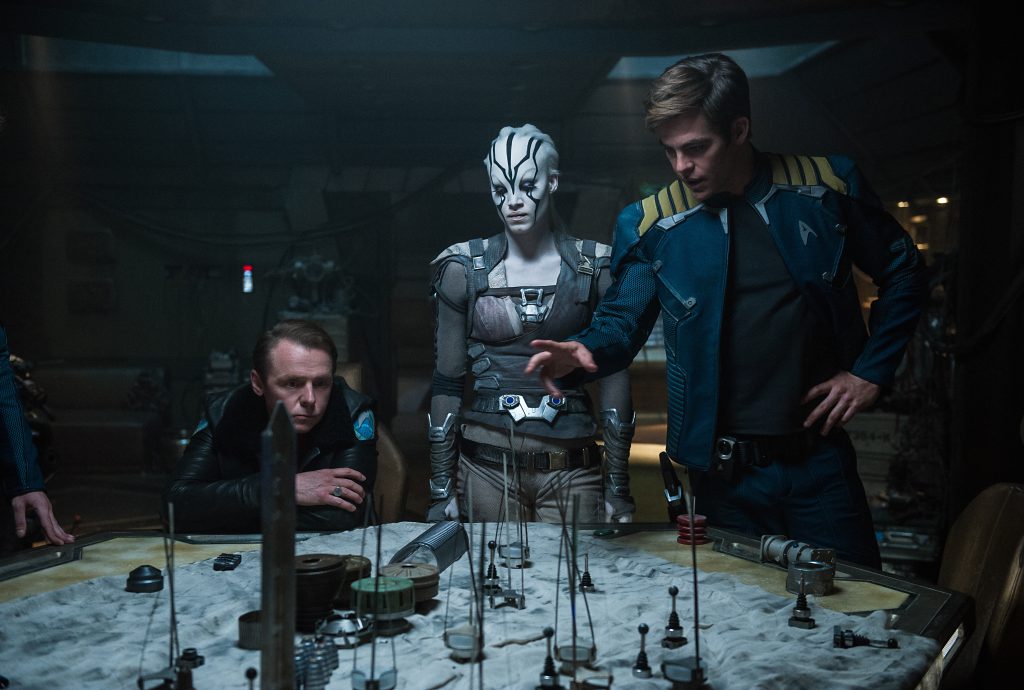 Left to right: Simon Pegg plays Scotty, Sofia Boutella plays Jaylah and Chris Pine plays Kirk in Star Trek Beyond from Paramount Pictures, Skydance, Bad Robot, Sneaky Shark and Perfect Storm Entertainment